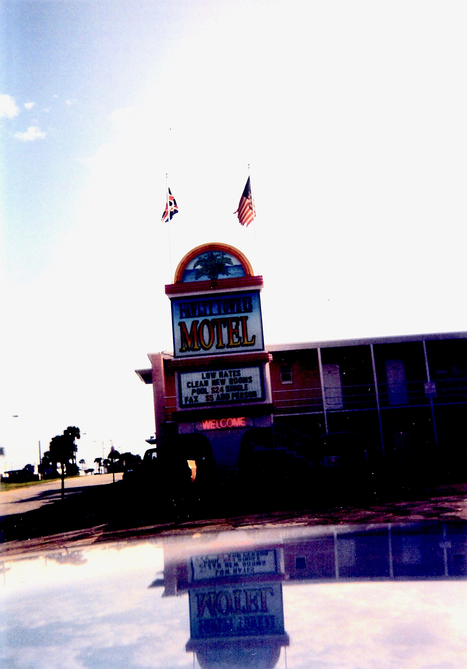 The Fawlty Towers Motel, December 1991, an example of Cocoa Beach mid-century motel architecture.
