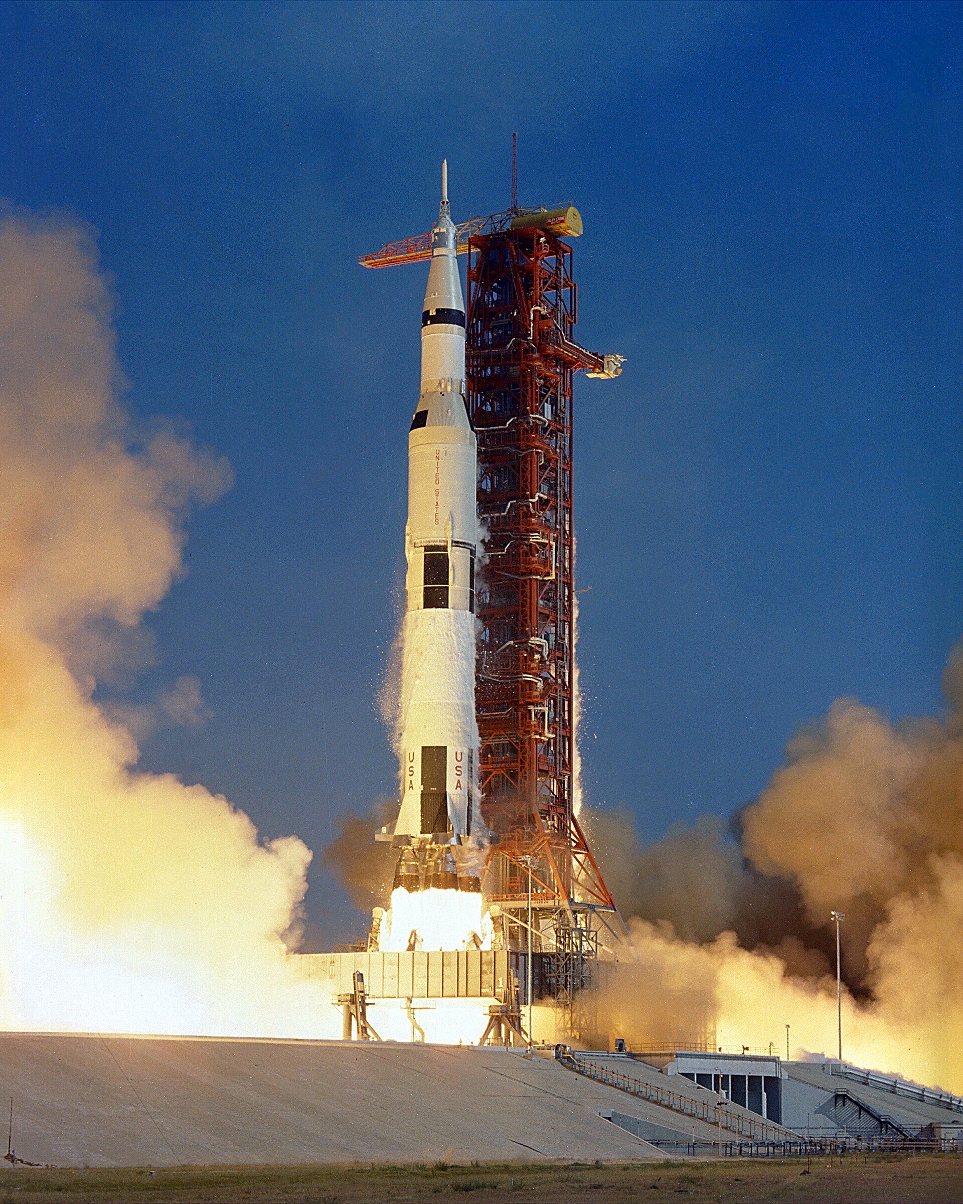 Apollo 11 lifts off from Launch Complex 39A at the Kennedy Space Center, July 16, 1969.